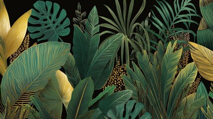 A lush jungle filled with tropical plants, ferns, and monstera leaves, with a dark background highlighting the vivid colors of various leaf shapes and textures.