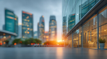 Fototapeta premium Captivating urban landscape with modern buildings reflecting vibrant hues of sunset, creating a dynamic city atmosphere.