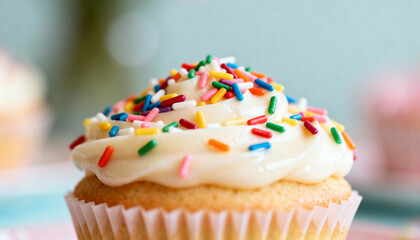 Close-up of a vanilla cupcake with white frosting and colorful rainbow sprinkles. Concept for birthday party, celebration, bakery, sweet treat, dessert, and confectionery.