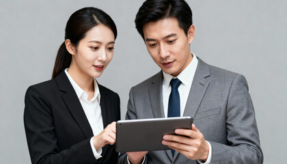 Two Asian Business Professionals Collaborate Using Tablet Device, Digital Workplace, Teamwork, Business Meeting, Technology in Office, Corporate Communication, Business Partnership