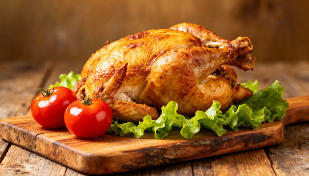Crispy roasted whole chicken on rustic wooden cutting board with fresh green lettuce and ripe red tomatoes, perfect homemade comfort food and festive meal presentation