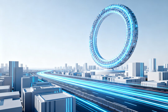 Futuristic cityscape with glowing circular structure and elevated highway