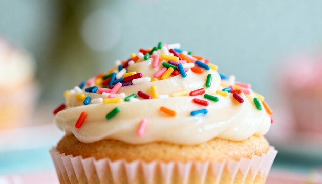Close-up of a vanilla cupcake with white frosting and colorful rainbow sprinkles. Concept for birthday party, celebration, bakery, sweet treat, dessert, and confectionery.
