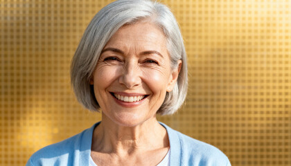 Happy Senior Woman with Gray Hair Smiling Brightly, Healthy Vaccinated Elderly Person, Positive Older Adult with Natural Light and Warm Background