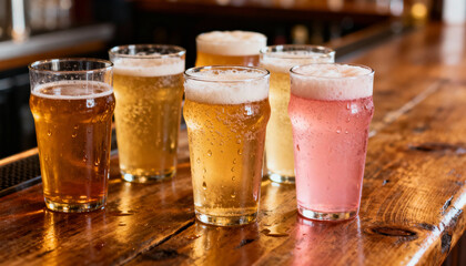 Variety of colorful hard ciders served in frosty pint glasses with foam on wooden bar counter, refreshing alcoholic beverages, craft cider selection