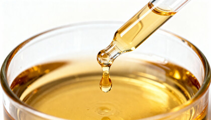 Pipette with a drop of golden liquid, oil, or cosmetic serum dripping into a petri dish. Concept for beauty, skincare, dermatology, laboratory, science, and medical research.