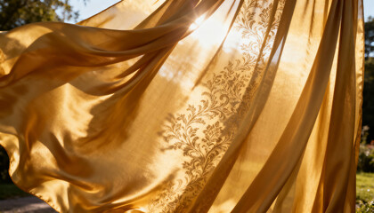 Wide shot of flowing golden silk curtain with intricate floral pattern illuminated by soft sunlight, graceful fabric movement and translucent texture capturing elegance in outdoor setting