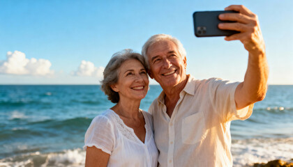 Happy senior couple on vacation taking a selfie with a smartphone at the beach. Golden years, retirement and active lifestyle concept. Cheerful man and woman enjoying travel.