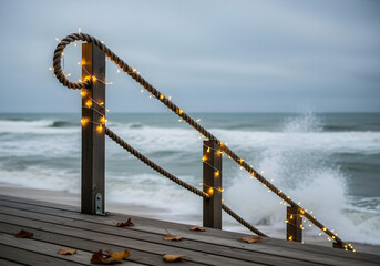 Obraz premium coastal walkway leading to sandy shore with rustic rope fence and twinkling fairy lights