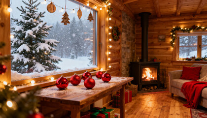 Cozy Christmas cabin interior with festive holiday decorations, a warm fireplace, and snow outside the window. Red ornaments on a wooden rustic table create a celebratory ambiance.