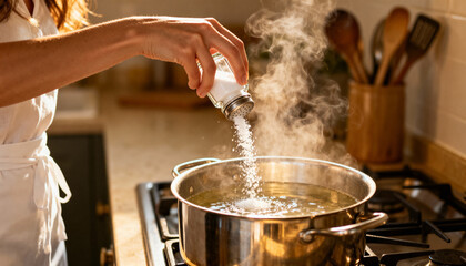 Woman adding salt to boiling water in stainless steel pot while cooking in home kitchen with steam and cooking utensils