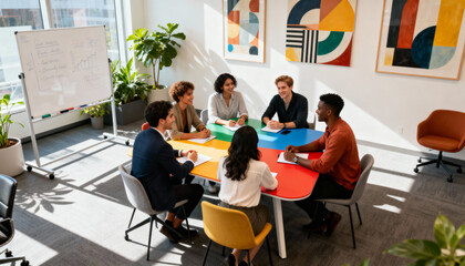 Diverse creative business team in a meeting. Multi-ethnic colleagues collaborating on a project, brainstorming ideas in a modern, sunny office with a colorful table and whiteboard.