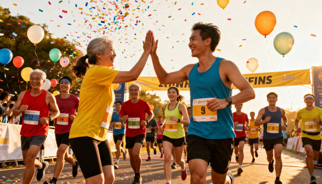 Happy diverse group of runners celebrating at marathon finish. Man and woman high-five under confetti. Concept teamwork, success, achievement, healthy active lifestyle, community spirit. - Powered by Adobe