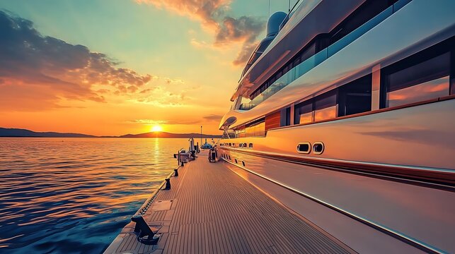 Luxury yacht sailing on the ocean at sunset with golden light and sky