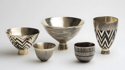 Elegant Brass Bowls with Geometric Black Patterns Home Decor