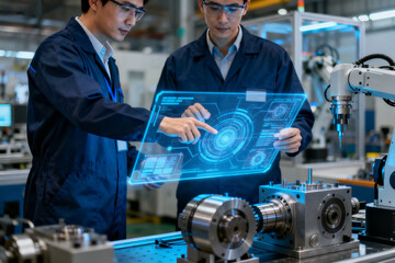 Engineers analyzing a holographic interface in a manufacturing facility with robotic equipment