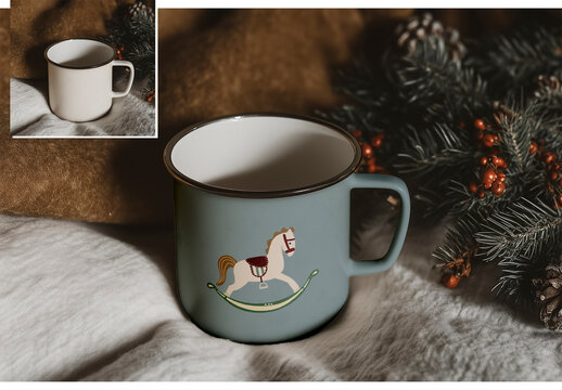 Christmas enamel mug mockup with festive background