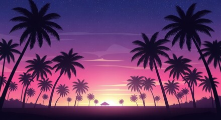 Vibrant sunset over tropical beach silhouetted palm trees dreamy ambiance
