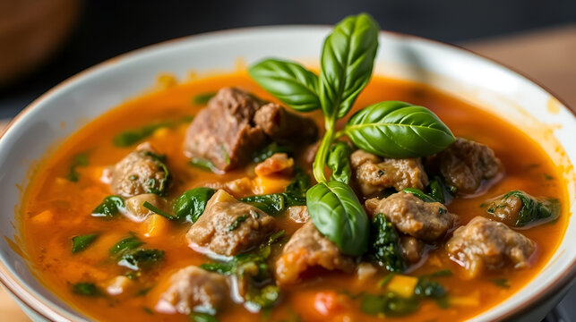 A hearty bowl of spinach and beef soup, garnished with fresh basil, promising flavor and warmth, ideal for comfort food lovers looking for a nourishing meal experience.