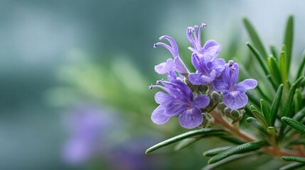 Fototapeta premium Delicate purple blossoms bloom on a sprig of rosemary, framed by soft green needles against a serene, blurred background. Evokes natural beauty, freshness, and culinary arts.