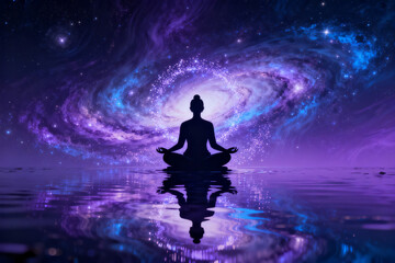 Silhouette of a person meditating in lotus position on water with a cosmic galaxy background