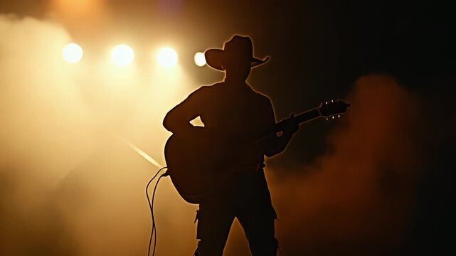 Silhouette of country singer in cowboy hat performing with guitar on stage at night