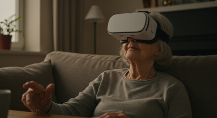 Senior Woman Engages with Virtual Reality Therapy for Enhanced Well Being and Cognitive Health