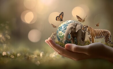 Hand nurturing delicate seedling symbolizing global wildlife conservation efforts and environmental protection, inspiring hope for a sustainable future.