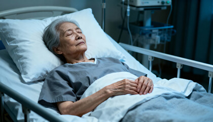 Concept of loneliness, terminal illness, palliative care, end of life. Sick elderly Asian senior woman sleeps in hospital bed at night. Unconscious patient, mortality, mourning.