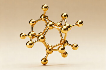 Golden molecular structure model with spherical atoms and connecting bonds