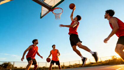 Streetball action with friends at sunset. Athletic man mid-air, jumping for a slam dunk on an outdoor basketball court. Teamwork, competition, fitness, recreation, urban sport.