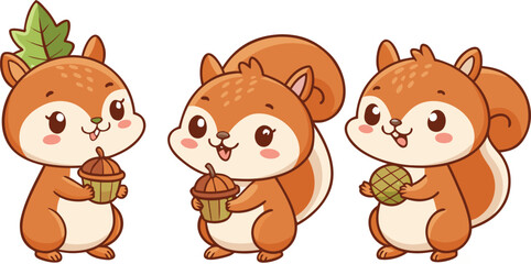 Fototapeta premium Three Happy Cartoon Squirrels Holding Acorns With Playful Cheerful Style