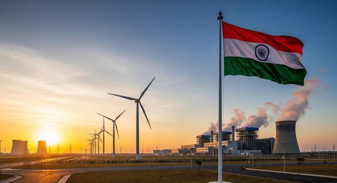 Indian Flag Waving Near Wind Turbines and Power Plant. - Powered by Adobe