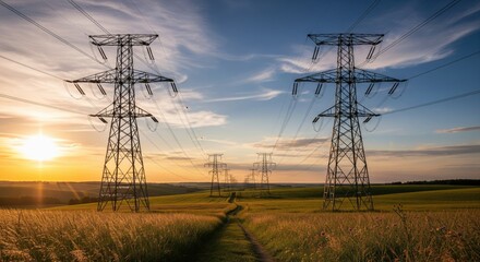 High Voltage Power Lines Across Golden Field.