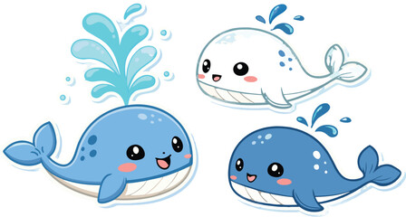 Fototapeta premium Three Cute Cartoon Whales Spouting Water Cheerful Bright On A White Backdrop