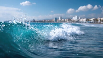 Turquoise Wave Forming a Tube in Clear Ocean Water under Bright Sunlight with Distant Coastal Cityscape