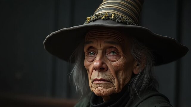 Portrait of an aged woman wearing a witch hat with intricate details and a solemn expression