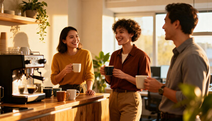 Happy diverse colleagues on coffee break in modern office kitchen. Coworkers talking, building team spirit. Positive workplace culture, communication, and socialization concept.