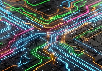 Electronic circuit board futuristic glowing connections and components
