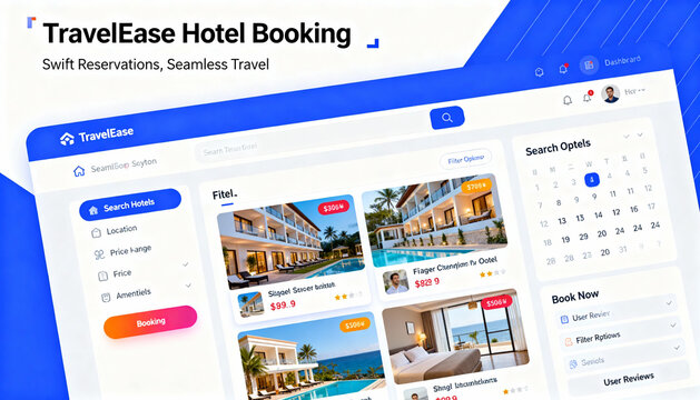 Online hotel accommodation booking website UI. Travel agency platform for searching and reserving rooms. Vacation planning and tourism concept with digital app technology layout.