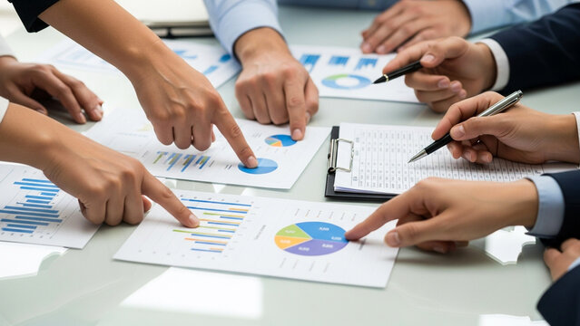 Corporate team presentation with business leaders showcasing company growth charts and discussing future planning
