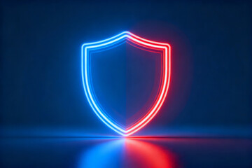 Neon glowing shield outline in blue and red against a dark background with reflective surface