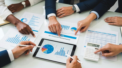 Corporate team presentation with business leaders showcasing company growth charts and discussing future planning