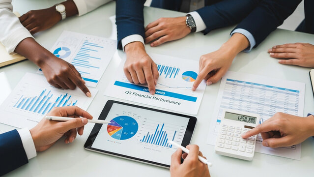 Corporate team presentation with business leaders showcasing company growth charts and discussing future planning
