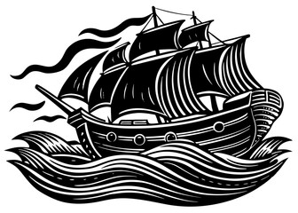 Ship Sailing Through Waves Silhouette, Columbus Day Ocean SVG, PNG