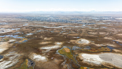 Unreal, ethereal landscapes of lakes and rivers on a sunny autumn day in the Altai foothills, captured with a drone