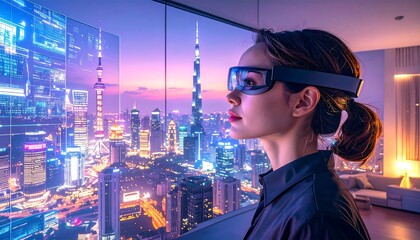 Woman wearing VR headset, city view