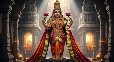 Fototapeta premium Goddess Lakshmi in a traditional temple setting, radiating divine light and holding lotus flowers.