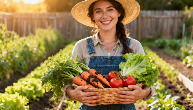 Smiling female farmer holding a wicker basket with freshly picked organic vegetables in a garden at sunset. Healthy eating, sustainable agriculture, local produce, and harvest concept.