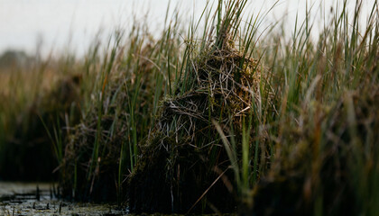 Close-up of tall swamp grass clumps growing in the water. Natural wetland vegetation. Wild reeds and sedges in a serene marsh or bog ecosystem. Abstract nature background.
